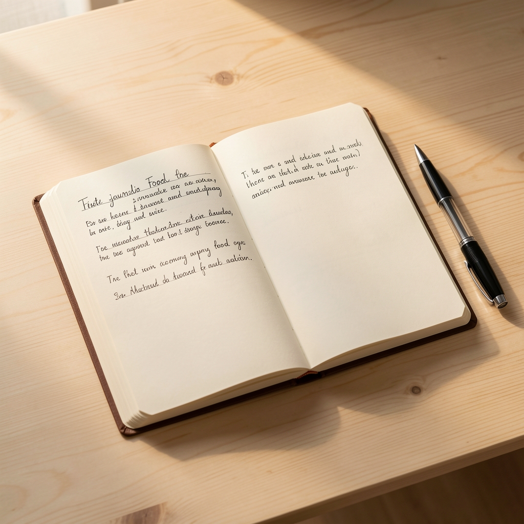 Handwritten food journal open on a pale wooden desk, pen resting beside it in warm natural light